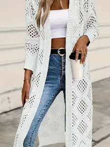 Women's Elegant Open Front Cardigan, Crochet Lace Knit Sweater, Shoulderless Beachwear, Long Outerwear, Casual Loose Fit, All Seasons