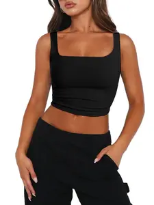 Women's Sleeveless Strappy Tank Square Neck Double Layer Workout Fitness Casual Basic Crop Tops