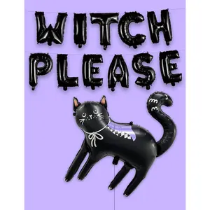 Extra Large 29.5 * 32 Inch Black Cat Halloween Balloons Party Kit, 2 Sets Of ' Witch Please' Letter Balloons + Witch'S Cat Balloon For Halloween Birthday Party Decorations Supplies