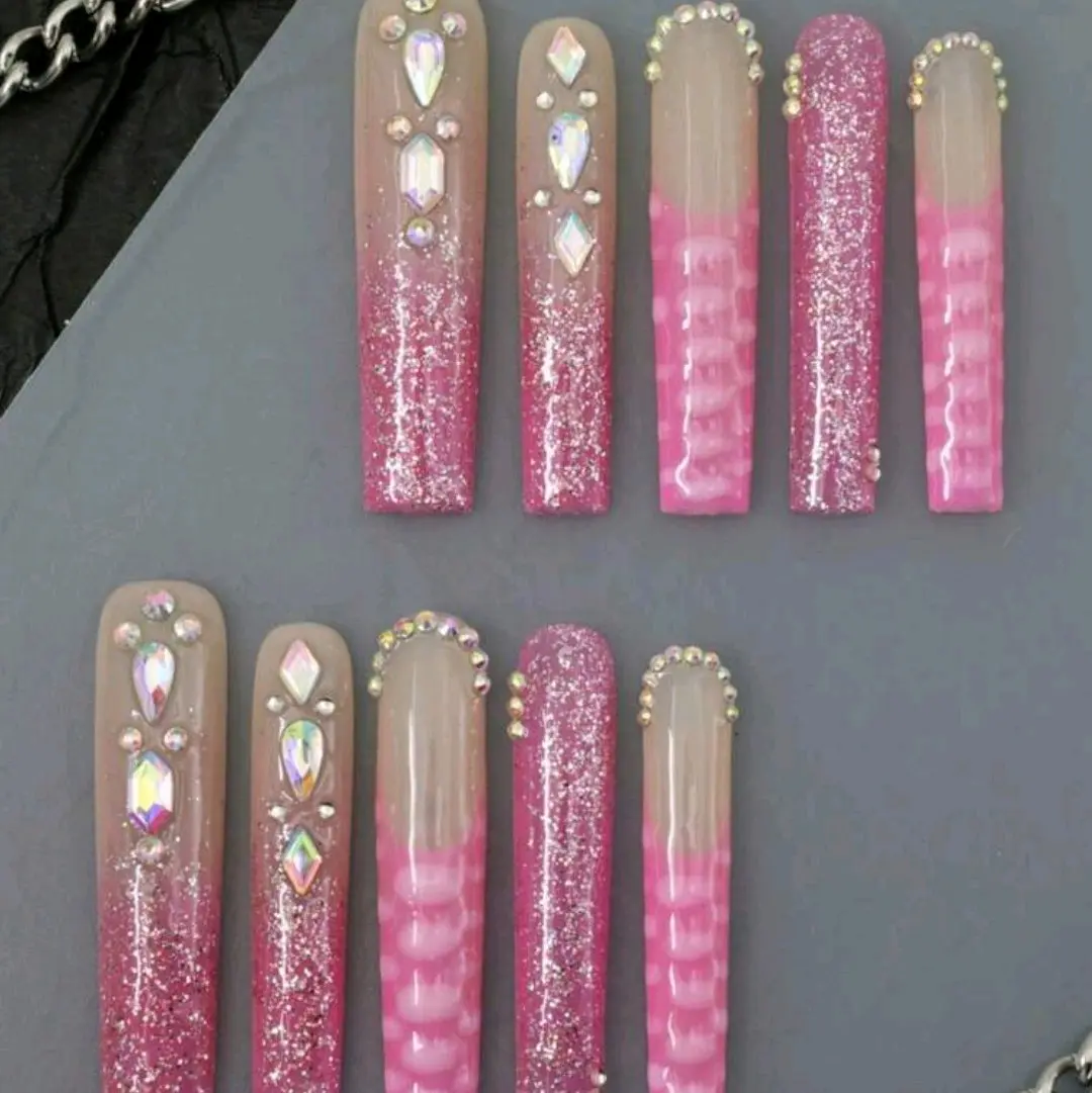 super long Quality Rhinestone Press On Nail Set for Women