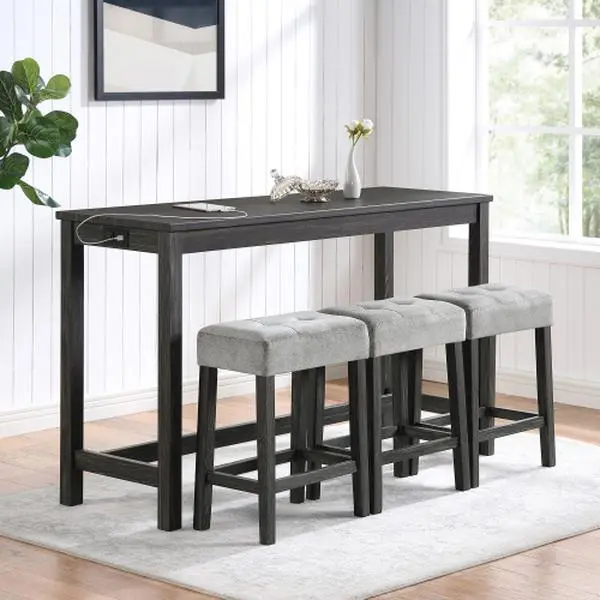 4-Piece Farmhouse Kitchen Table Stool Set with Power Outlets, Industrial Dining Tables with 3 Upholstered Stools, Wooden Counter Table Chairs w/Charging Station&2 USB Ports, Black+Grey