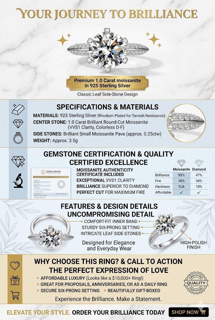 1 Carat D Color Round Moissanite Engagement Ring in 925 Sterling Silver, Brilliant Cut Solitaire Wedding Ring for Women, Promise Ring, Anniversary Jewelry, Luxury Minimalist Design, Sparkling Bridal Gift, Elegant Everyday Wear