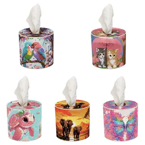 DIY Animals Round Drill Diamond Painting Handmade Tissue Holder Rhinestones Tissue Box