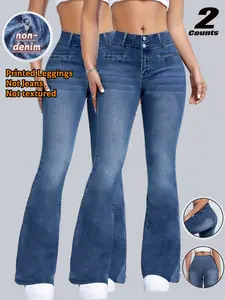 Women's High-Waisted Stretch Printed Jeans, Fake Buttons, No Pockets, All-Season Bottom, Slim-Fit, Sporty, Elastic Micro Flare Long Pants, imitation denim fabric