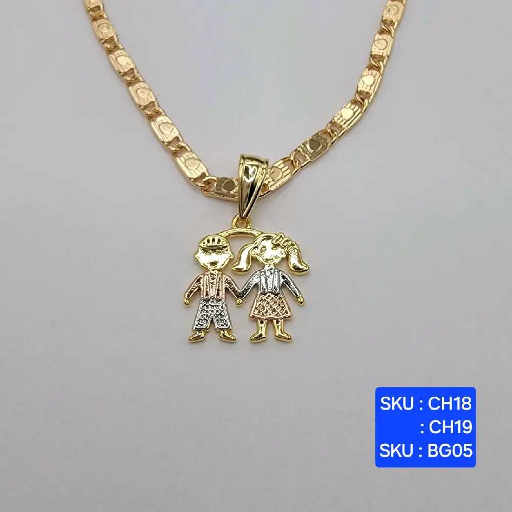 Beautiful Kids Pendants Three colors, with  Chains  24 and 18 Inches 3.5 Millimeters Wide Laminated Gold. SKU: CH18, CH19,  BG