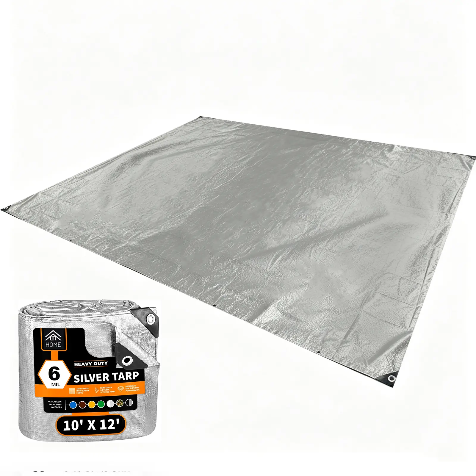 Heavy Duty Poly Tarp - 10' X 12' -6 Mil Thick Waterproof, UV Blocking Protective Cover ，Suitable for Outdoor Adventures/ Camping / Garden / Patio - Reversible Silver - Laminated Coating - Grommets