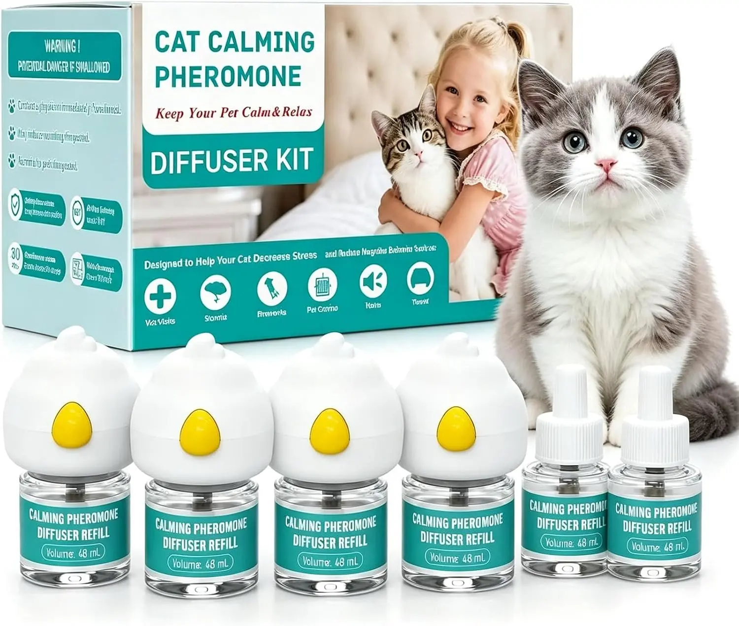 Cat Calming Pheromone Aroma Diffuser Set (10-Pack) - 4 Plugs + 6 Refills (48mL Each), 180-Day Stress Relief, Reduces Anxiety, Scratching & Aggression for Multi-Cat Homes