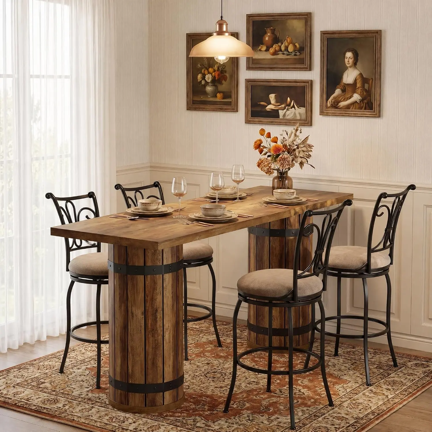 Tribesigns 70.9" Long Dining Table for 4-6, Counter Height Kitchen Table | Industrial Bar Height Table, Unique Barrel Base, Rectangular Home Bar Unit, High Top Dinner Table, Living Room, Rustic Brown