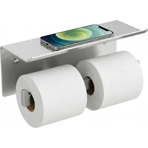 Double Toilet Paper Holder with Shelf, 304 Stainless Steel Wall Mount Commercial Toilet Paper Dispenser, Low Maintenance Bathroom Tissue Roll Holder for Hotel, Apartments, etc, Brushed Nickel