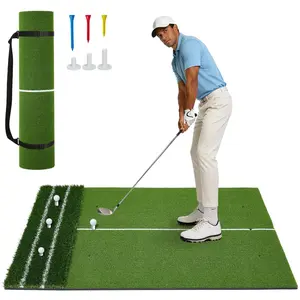 Dual Turf Golf Hitting Mat - 5x4FT Artificial Grass Practice Mat with Alignment Lines, Carry Strap - Indoor & Outdoor Chipping, Driving, Swing Training