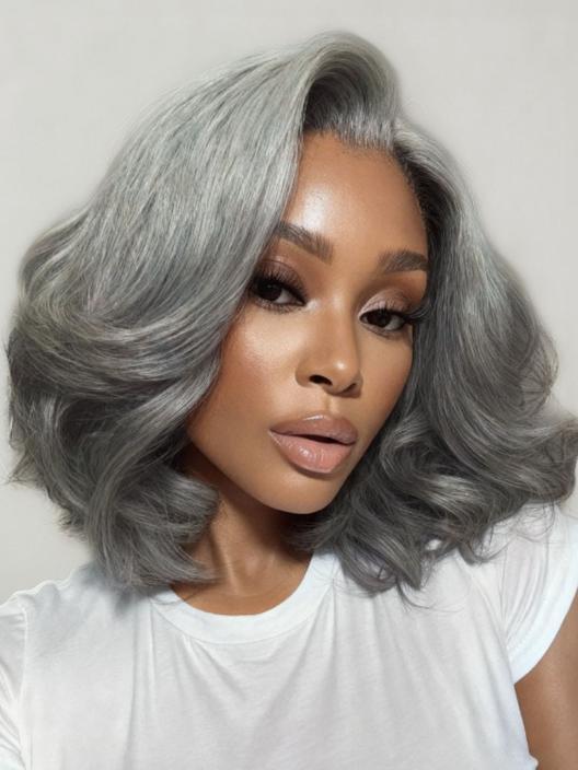 【Blowout Layered Bob】UNice Salt and Pepper Side Part Glueless Straight Bob Wig 6.5x1.5 Lace Closure Human Hair Wigs Silver Gray for Fashional Looking Beginners Friendly