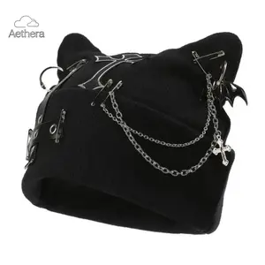 Aethera 2026 New Women's Gothic Cat Ear Beanie with Punk Chain & Bat Charm Y2K Grunge Black Adjustable Streetwear Accessory Machine Washable Edgy Style