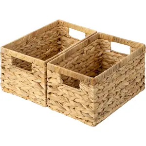 Wicker Storage Baskets for Shelves, Wicker Baskets for Organizing, Water Hyacinth Woven Basket for Storage, Rectangle Basket for Pantry, Laundry, 2-Pack
