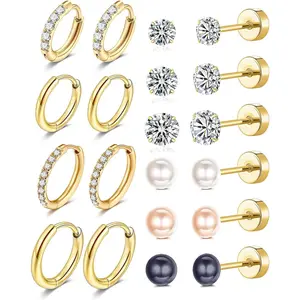 Flat Back Stud Earrings and Small Hoops Earrings Sets for Multiple Piercing for Women Men,Lightweight 14K Gold Plated Hinge Huggie Hoop Earrings Tiny 4mm Ball/Opal/Cubic Zirconia Stud Earrings for Cartilage, Helix, Tragus, Sung, Earlobe Lightweight Hypoa