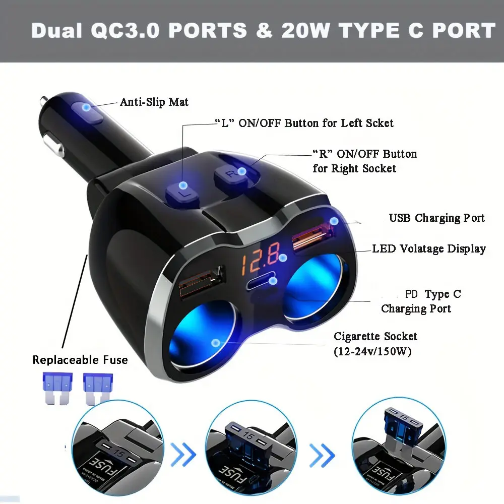 Cigarette Lighter Splitter, 180W 2-Socket Cigarette Lighter Adapter PD USB C Car Charger Splitter for GPS/Dash Cam/Laptop/iPad/iPhone 17/16/15/14/13/12