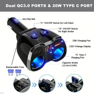 Cigarette Lighter Splitter, 180W 2-Socket Cigarette Lighter Adapter PD USB C Car Charger Splitter for GPS/Dash Cam/Laptop/iPad/iPhone 17/16/15/14/13/12