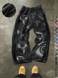 Men's Casual Loose Cotton Sport Pants, Eye Print, Drawstring Waist, Ankle Length, Street Style, All Seasons, Ideal Gift