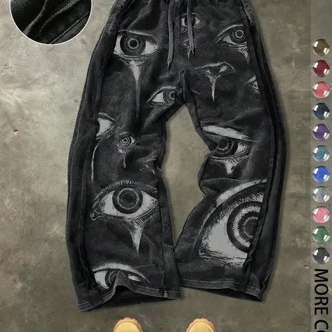 Men's Casual Comfy Sporty Loose Cotton Sport Pants, Street Style Graphic Eye Print Drawstring Waist Ankle Length Bottoms for All Seasons, Ideal Gift