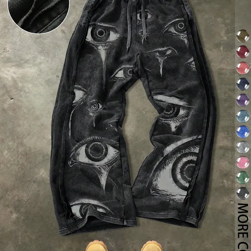Men's Casual Comfy Sporty Loose Cotton Sport Pants, Street Style Graphic Eye Print Drawstring Waist Ankle Length Bottoms for All Seasons, Ideal Gift