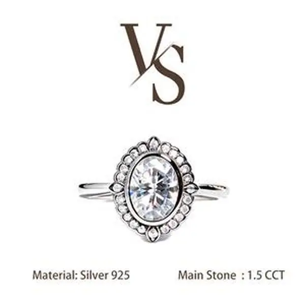 [Venus Jewelry] Synthetic Mossianite 1.5 CCT Oval Shape Vintage Halo Design Silver 925 Ring