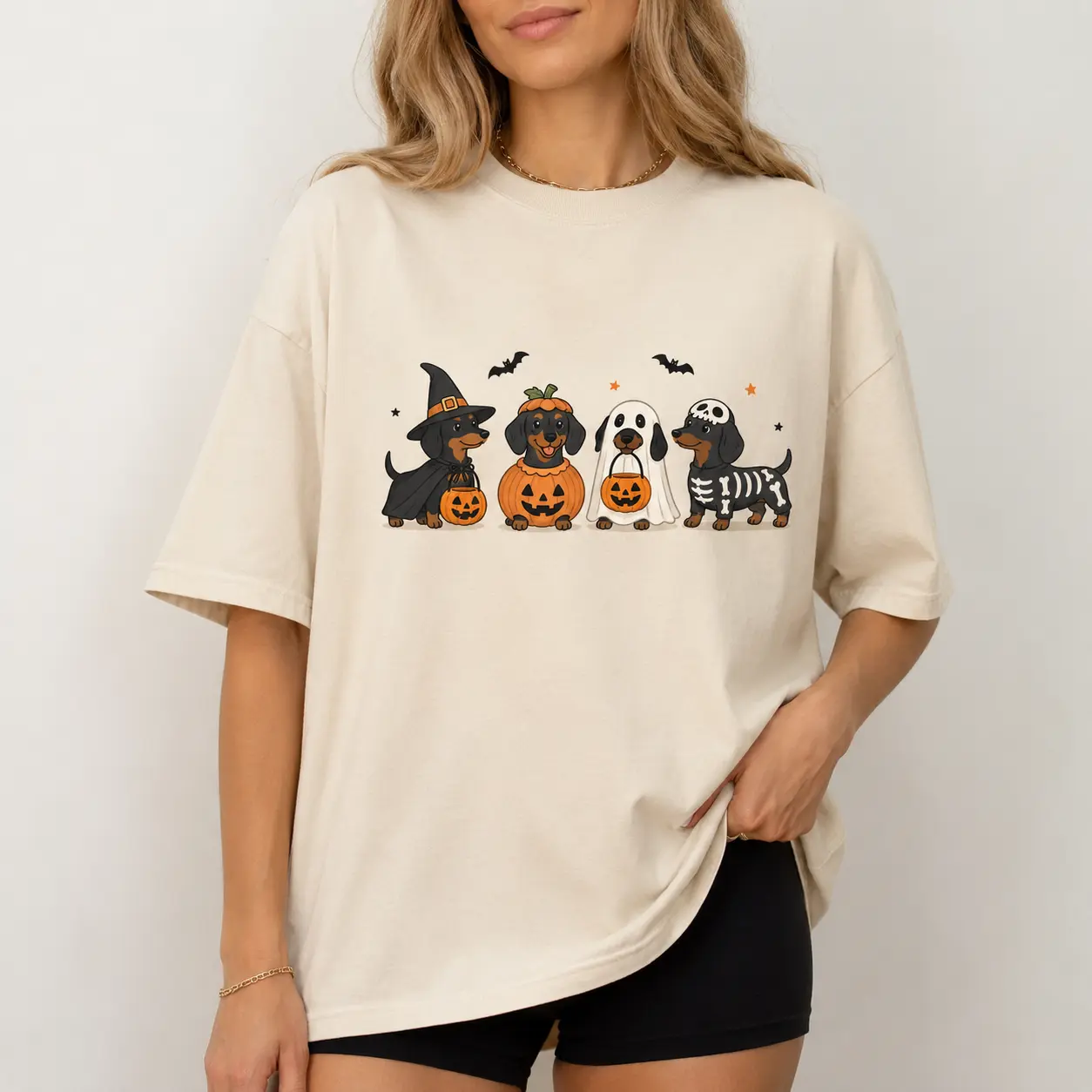 [100% Cotton] Halloween Dachshund T-Shirt, Cute Spooky Dog Graphic Tee, Funny Costume Shirt, Halloween Dachshund Oversized Tee, Fall Party Outfit, Gift for Dachshund Fans, Pet Parents, Friends and Families