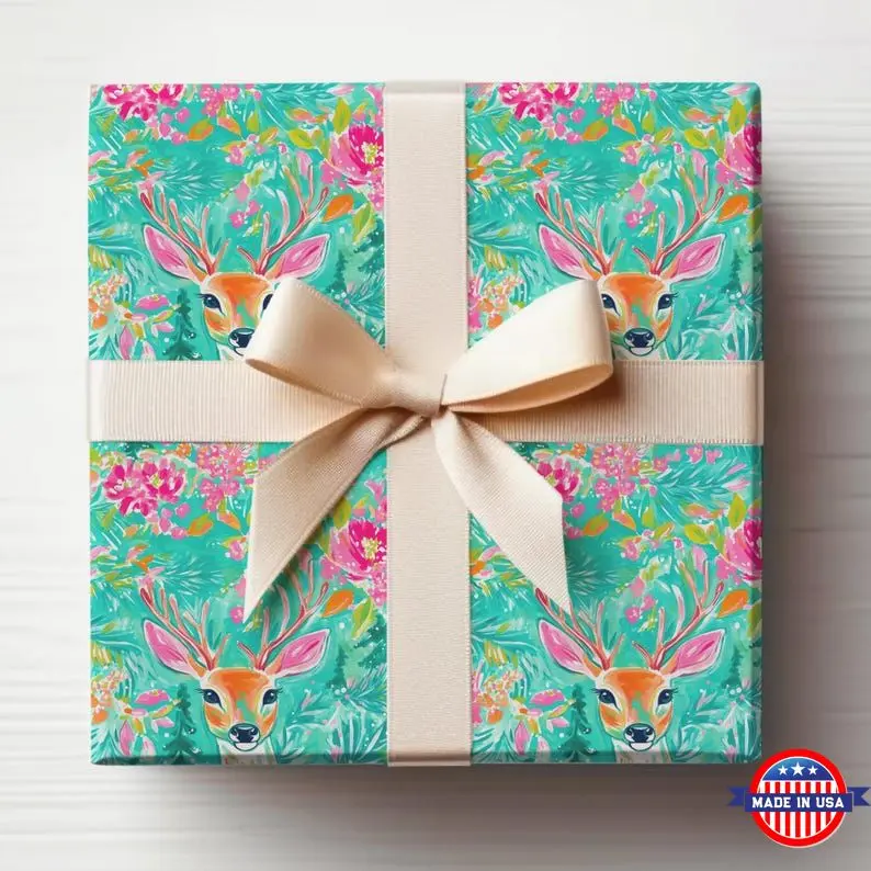 Preppy Christmas Wrapping Paper Deer Wrapping Paper Teal Christmas Wrapping Paper Roll, Preppy Xmas Gift Wrap Roll