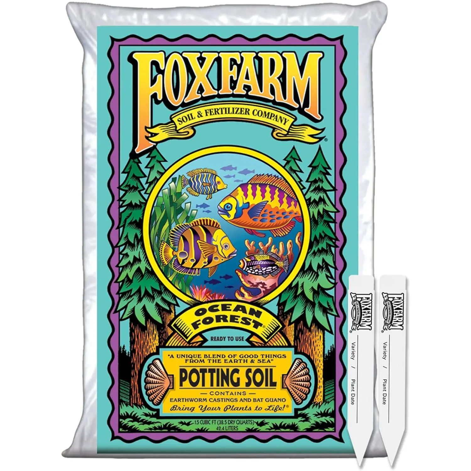 FoxFarm Ocean Forest Potting Soil, comes with 2 plant labels, 1.5 cubic feet--lightweight, breathable texture--suitable for all potted plants