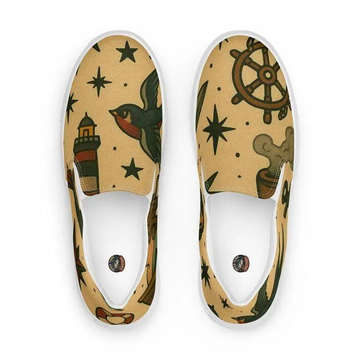 Inked Tuna Offshore Men's Slip-On Canvas Shoes - All Seasons Comfortable EVA Outsole & Removable Insoles - Breathable Lining - Stylish Tattoo Design