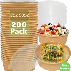 Unipaper 200Sets Disposable Paper Bowls with Lid Microwave Deli Containers Leakproof Sturdy for Soup Snack Camping Family Use