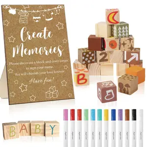 43 Pcs Baby Shower Games Set, Decorate A Block Game Kit Including 1 Wooden Sign 30 DIY Wooden Blank Blocks 12 Color Marker Ideal for Gender Reveal Party Activity Personalized Present