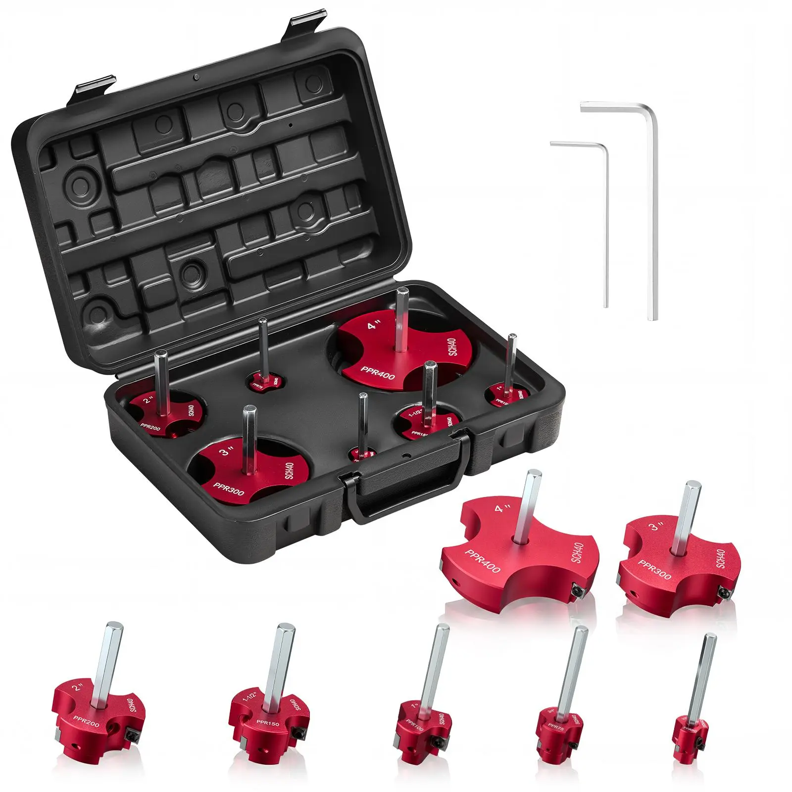 VEVOR 7-Piece Corrosion-Resist PVC Reamer Pipe Cutter Tool Kit - 3 Blades, Plastic Cutter, Fitting Socket Saver - Fits 1/2"-4" Pipes, Works with 1/2" Standard Drills - For SCH40 ABS CPVC Vent Drain Lines, Pools, Kitchens, Bathrooms, Aluminum Alloy Frame