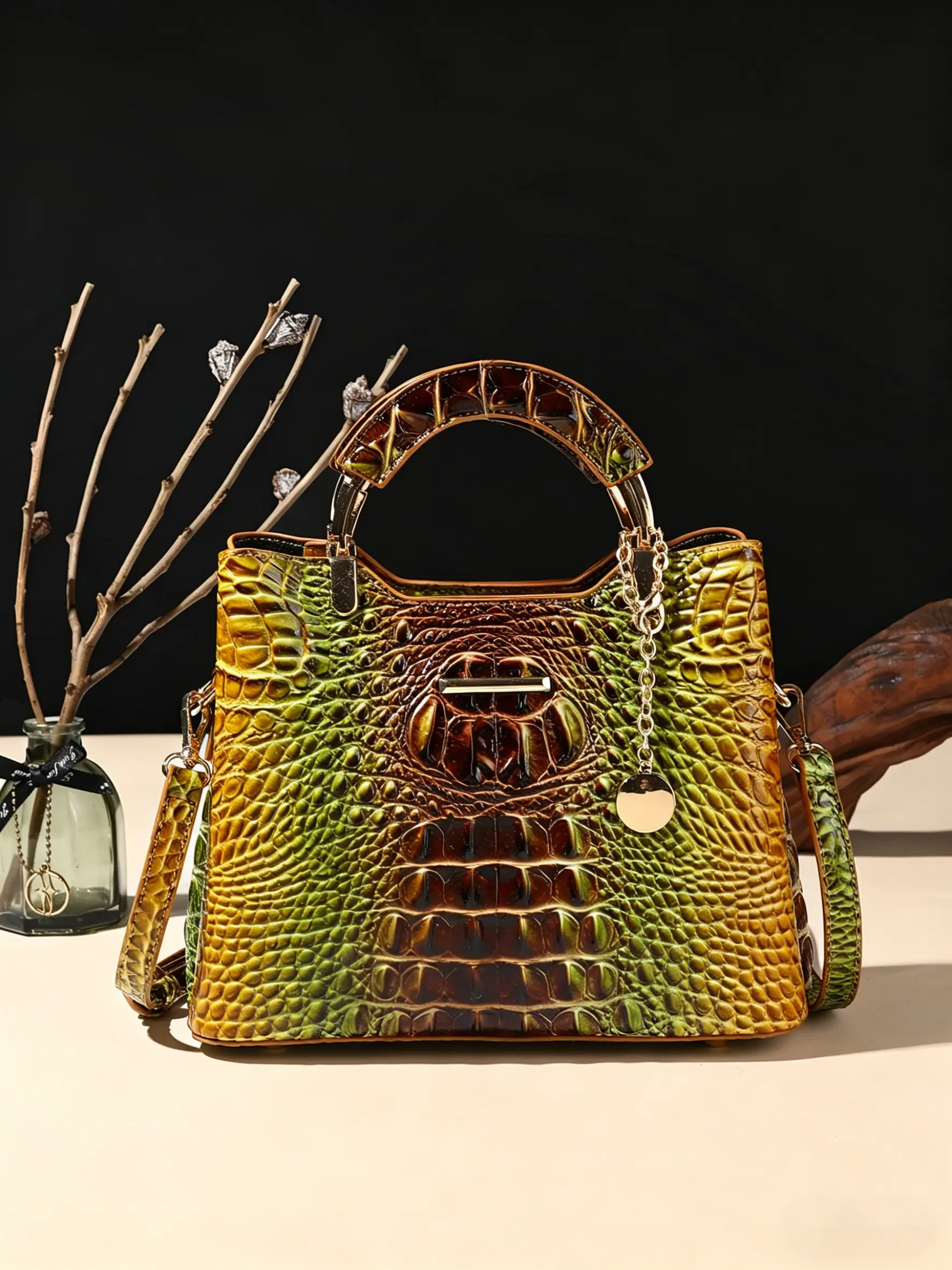 Women's Crocodile Embossed Boston Bag, Lightweight PU Leather Top Handle Purse in Yellow Ombre, Elegant Crossbody Handheld Satchel with Detachable Strap, Elegant Casual Handbag, Gifts For Women, Casual Wear