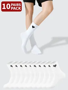 10 pairs of black and white heart-patterned socks, black and white mid-calf socks, unisex solid-color mid-calf socks, women's athletic socks, men's athletic socks, all-season style