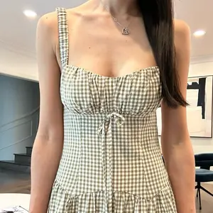 Gingham Beige Dress with Sweetheart Neckline, Ruched Design, and Tiered Hem, Summer Casual Style