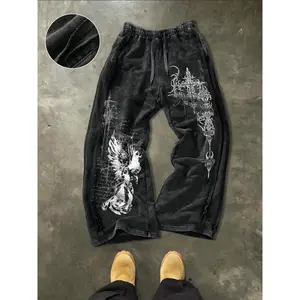 Men’s washed cotton sweatpants with side hem stitching design, gothic print pattern, comfortable casual pants for daily wear, casual fashion trousers