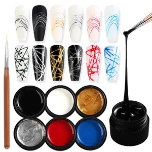 SUTOKAKA 6 Colors Spider Gel Set, Elastic Drawing With Nail Art Brush, White Black Red Blue Gold Silver Paint Wire Drawing Polish Manicure DIY Nail Designs