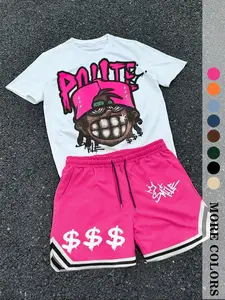American Hip-Hop Style Cartoon Print Short Sleeve Set, Summer Men's Fashion Loose Fit T-Shirt + Gym Shorts Two-Piece Set