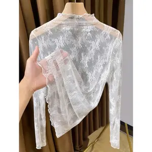 Women's Lace Long Sleeve Top, Lady, Half High Neck Design, Elegant Mesh Fabric, Perfect Inner Layer for Fall & Winter, Blouse, Womenswear