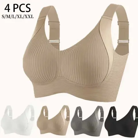 Women's 4-Pack Wire-Free Push-Up Bras - Seamless V-Neck Lingerie with Adjustable Straps, Soft Lightweight Breathable Plain Retro Chic Bras for Wedding, Holiday