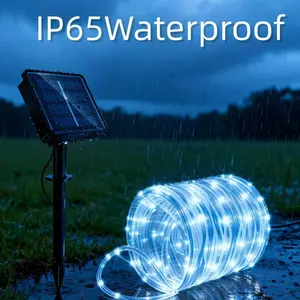 33FT Large Garland with 100 LED Solar Rope Lights Cool White IP65 Waterproof Flexible PVC Tube 8 Lighting Modes for Christmas Holiday Garden Yard Patio Corridor Porch Outdoor Decor Durable Weatherproof Auto On Off Energy Efficient