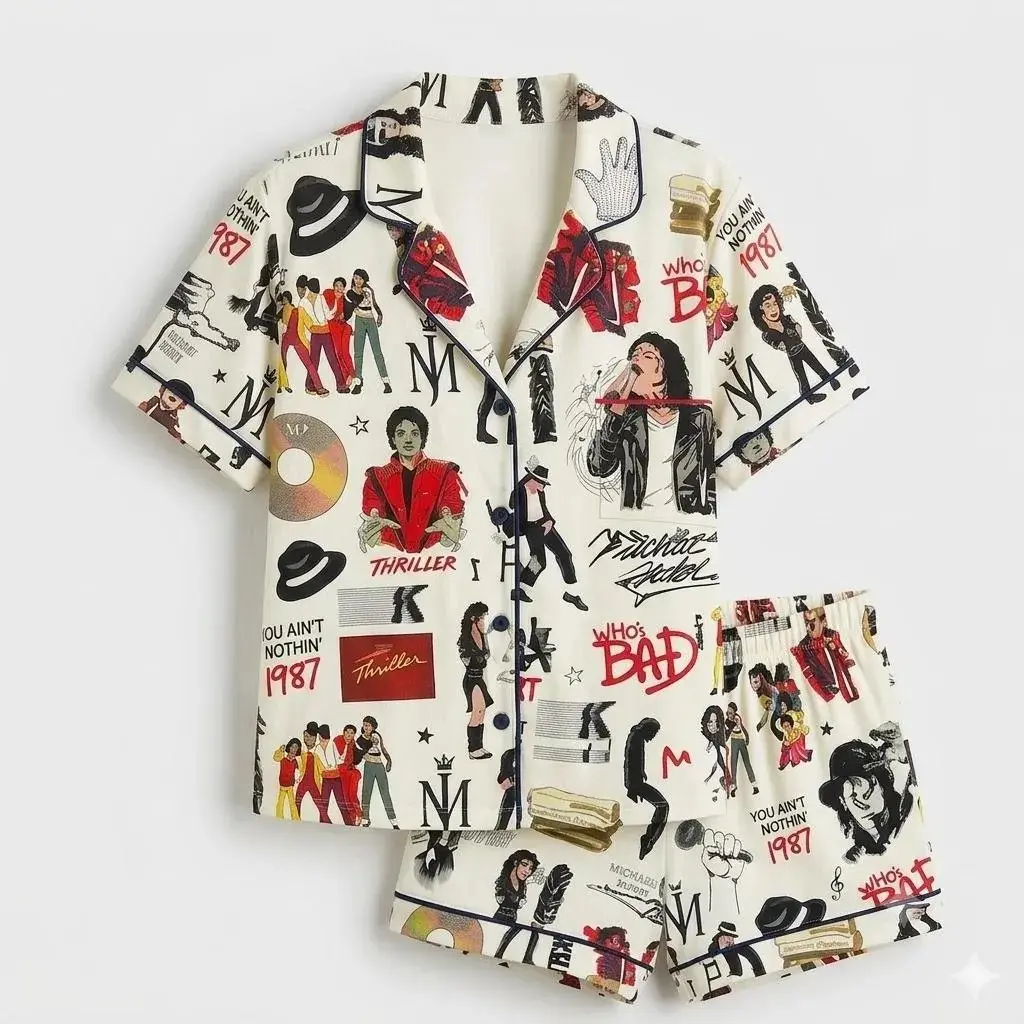 Michael Jackson Pajama Set Thriller Happy Halloween Short Sleeve Loungewear Comfy Casual Nightwear