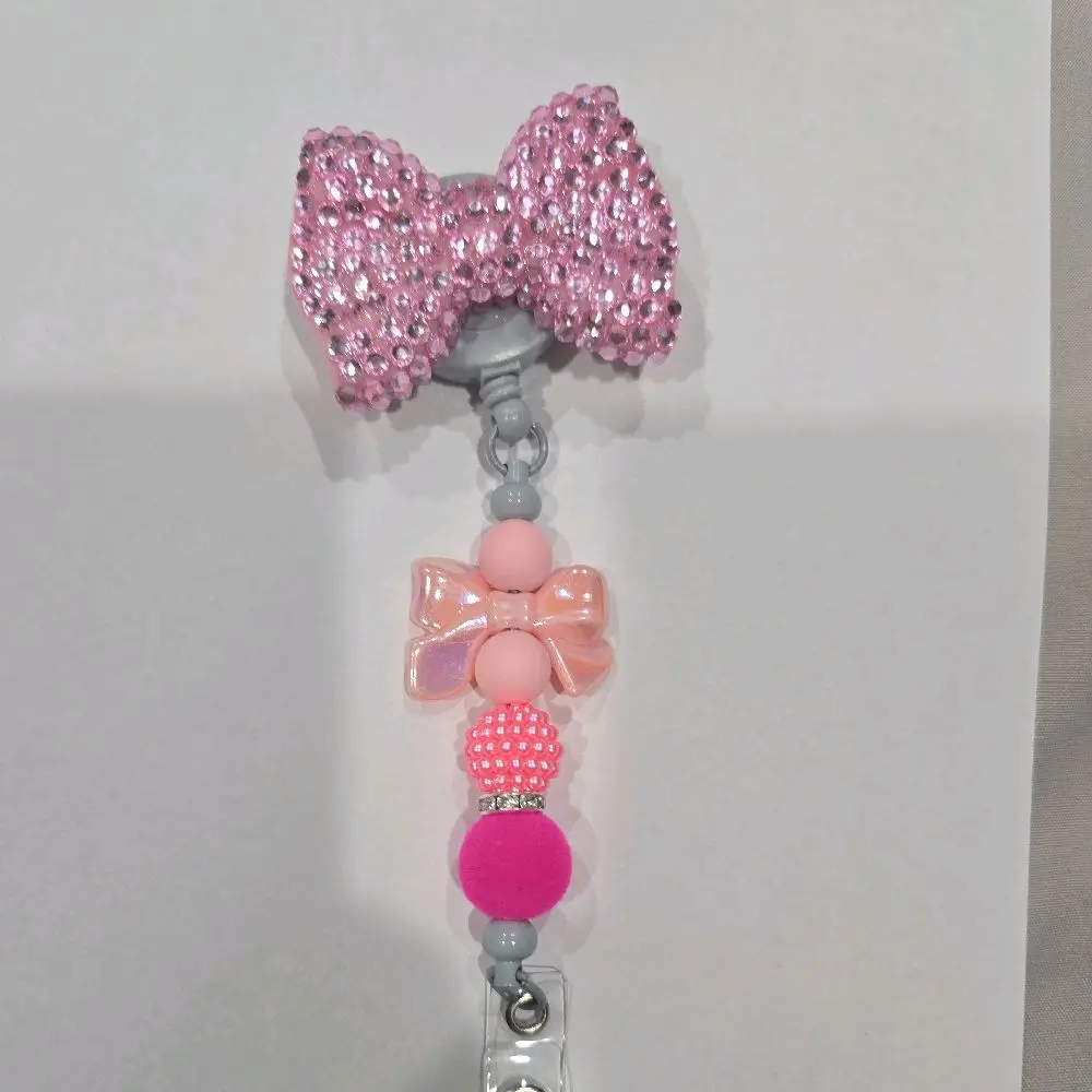 Badge Reel with Rhinestone Bow and Colorful Beads ID Card Holder Pink Design