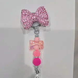 Badge Reel with Rhinestone Bow and Colorful Beads ID Card Holder Pink Design