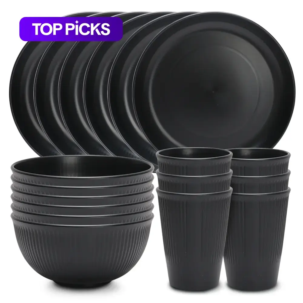 18-Piece Straw Plastic Tableware Set, Includes 6 Bowls, 6 Plates and 6 Cups, Lightweight Microwave-Safe Dishwasher-Friendly Dinnerware #GLOBAL PICKS