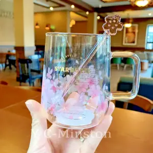 New Starbucks Pink Sakura Color-changing Glass Coffee Mug Cup with Flower Stick