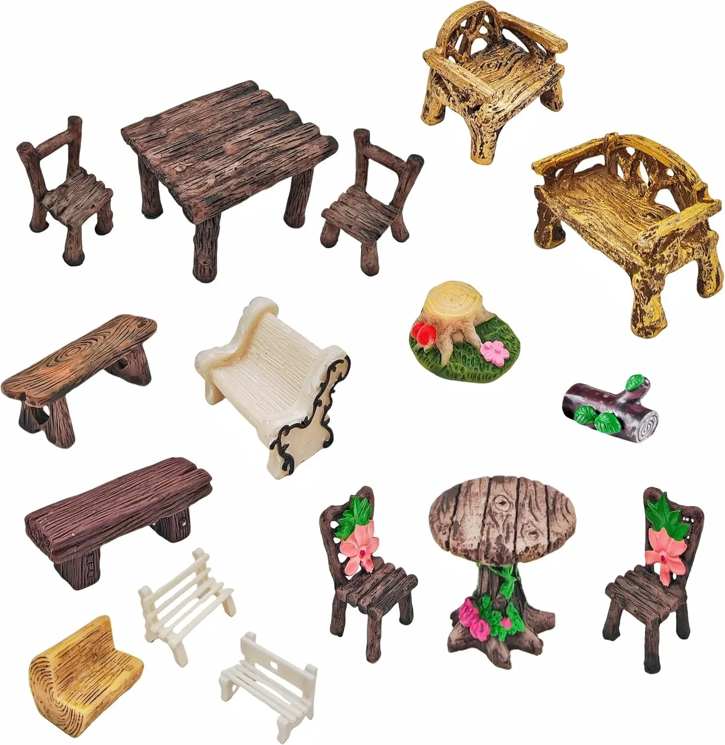 Miniature Garden Furniture Set - 16-Pieces Resin Miniature Table and Chairs Set for Outdoor Decor, Adult DIY Craft Gift & Micro Landscape Decor Accessories (Village)