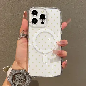Trendy Magnetic Case for iPhone11/12/13/14/15/16/17/promax, Beige Polka Dot on White Ultra Slim, MagSafe Support, Shockproof | Playful & Fun Style