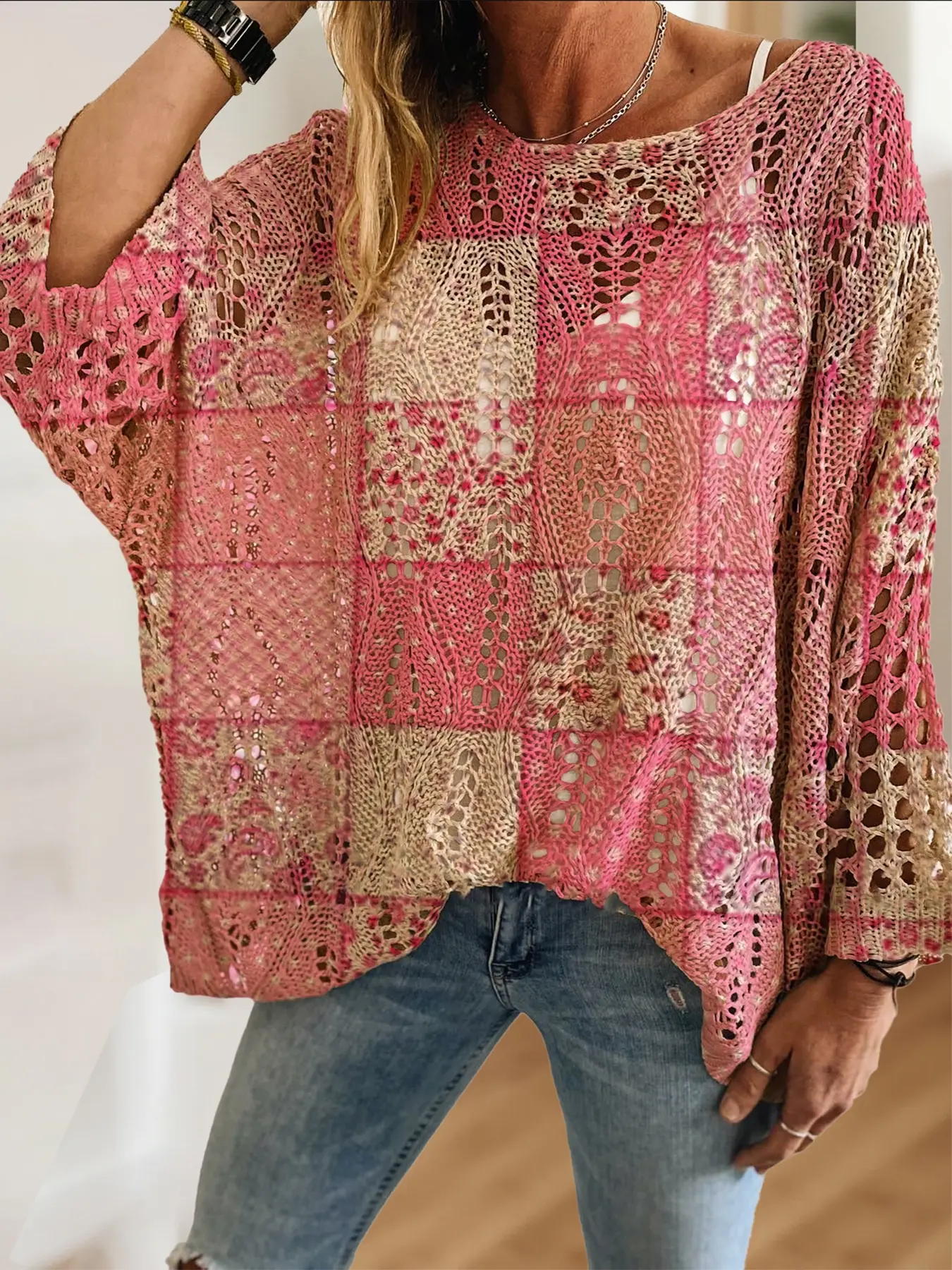 Women's Boho Floral Knit Top Blouse, Round Neck Long Sleeve, Loose Fit Batwing Shoulder, Casual Elegant Vacation Style, Spring Summer Fall Fashion, Womenswear