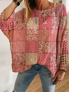 Women's Boho Floral Knit Top, Round Neck Long Sleeve, Loose Fit Batwing Shoulder, Casual Elegant Vacation Style, Spring Summer Fall Fashion