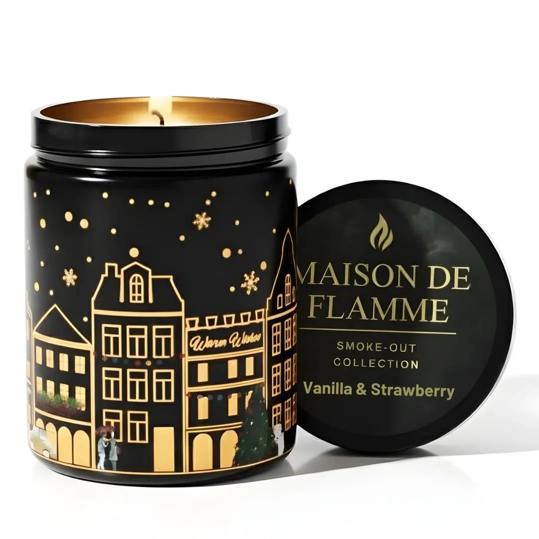 Maison De Flamme Vanilla & Strawberry Light-Up Scented Candle – Dual LED Glow + Flame | Smoke-Out Collection (Black Jar, 200g / 7oz)